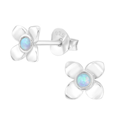 Silver Flower Ear Studs with Synthetic Opal