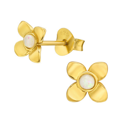 Silver Flower Ear Studs with Synthetic Opal