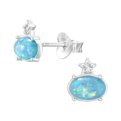 Silver Oval Ear Studs with Cubic Zirconia and Imitation Opal