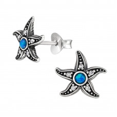 Starfish Sterling Silver Ear Studs with Cubic Zirconia and Synthetic Opal