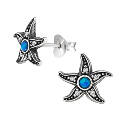 Starfish Sterling Silver Ear Studs with Cubic Zirconia and Synthetic Opal