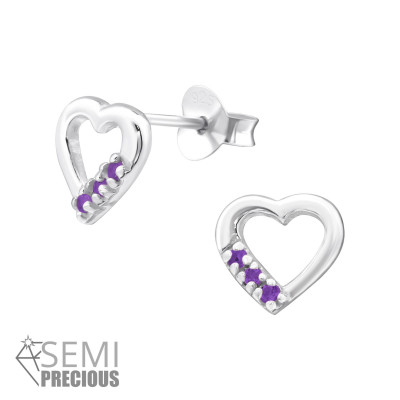 Silver Heart Ear Studs with Semi Precious Natural Stone