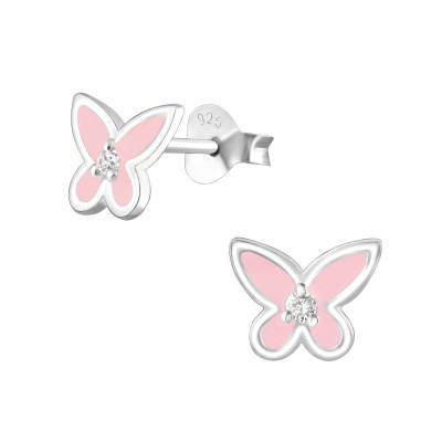 Silver Butterfly Ear Studs with Cubic Zirconia and Epoxy