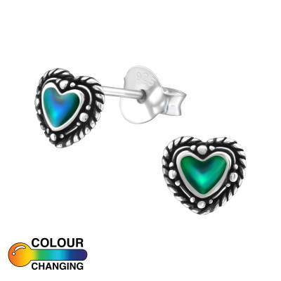 Silver Heart Ear Studs with Mood Color Epoxy