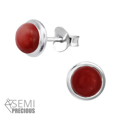 Silver Round Ear Studs with Semi Precious Natural Stone