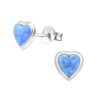 Silver Heart Ear Studs with Synthetic Opal