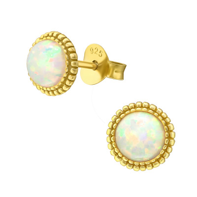 Silver Round Ear Studs with Synthetic Opal