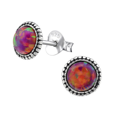 Silver Round Ear Studs with Synthetic Opal