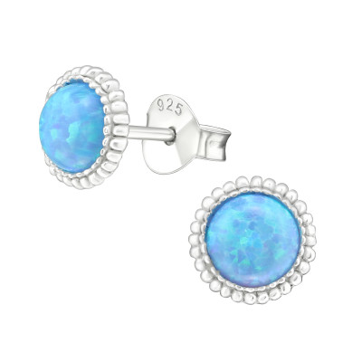 Silver Round Ear Studs with Synthetic Opal