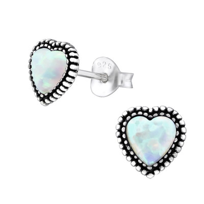 Silver Heart Ear Studs with Synthetic Opal