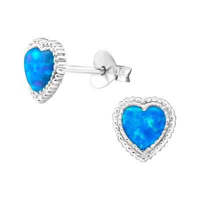 Silver Heart Ear Studs with Synthetic Opal