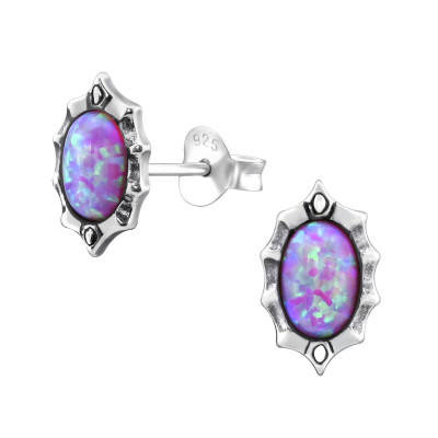 Silver Oval Ear Studs with Synthetic Opal