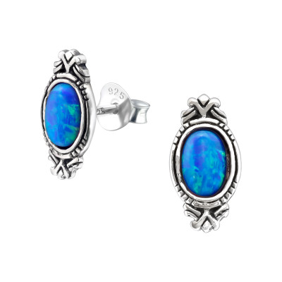 Silver Oval Ear Studs with Synthetic Opal