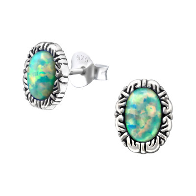 Silver Oval Ear Studs with Synthetic Opal