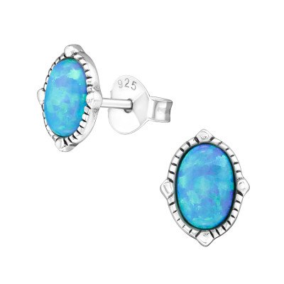 Silver Oval Ear Studs with Synthetic Opal