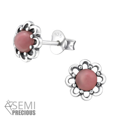 Silver Flower Ear Studs with Semi Precious Natural Stone