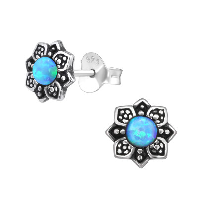 Silver Flower Ear Studs with Synthetic Opal