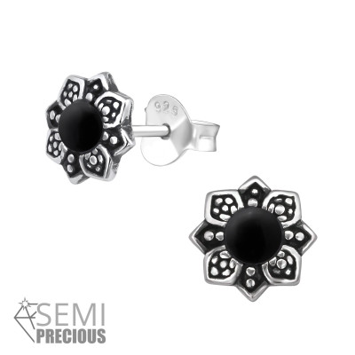 Silver Flower Ear Studs with Semi Precious Natural Stone