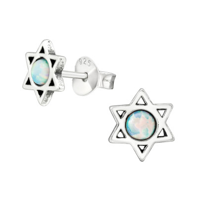 Silver Star Ear Studs with Synthetic Opal