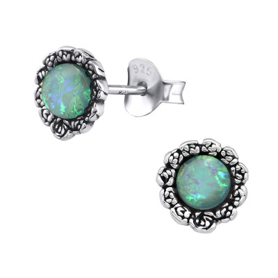 Silver Flower Ear Studs with Synthetic Opal