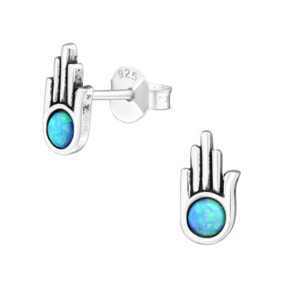 Silver Hamsa Ear Studs with Synthetic Opal