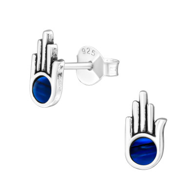 Silver Hamsa Ear Studs with Imitation Stone and Epoxy