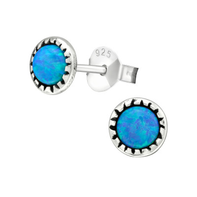 Silver Round Ear Studs with Synthetic Opal