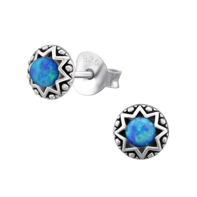 Silver Round Ear Studs with Synthetic Opal