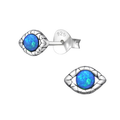 Silver Evil Eye Ear Studs with Synthetic Opal