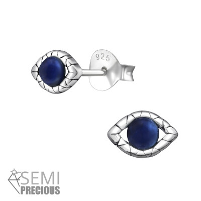 Silver Evil Eyes Ear Studs with Semi Precious