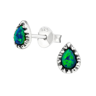 Silver Pear Ear Studs with Synthetic Opal