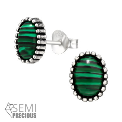 Silver Oval Ear Studs with Malachite Semi Precious Natural Stone