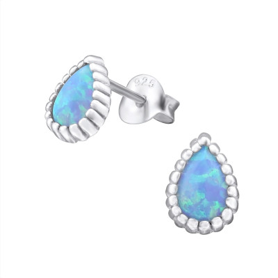 Silver Pear Ear Studs with Synthetic Opal