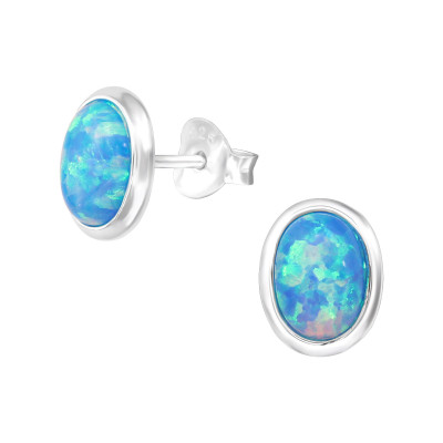 Silver Oval Ear Studs with Synthetic Opal