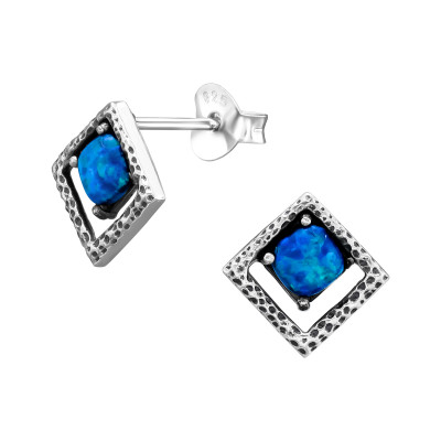 Silver Square Ear Studs with Synthetic Opal