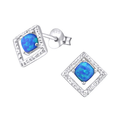 Silver Square Ear Studs with Synthetic Opal