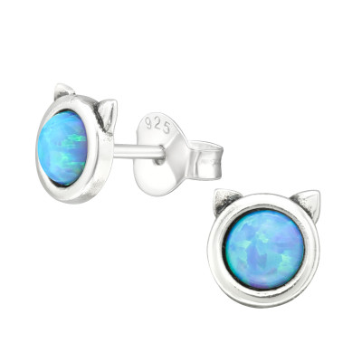 Silver Cat Ear Studs with Synthetic Opal