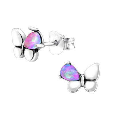 Silver Butterfly Ear Studs with Synthetic Opal