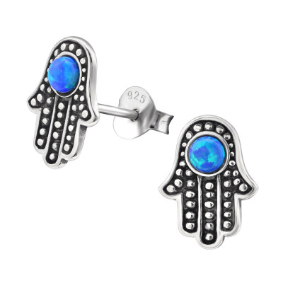 Silver Hamsa Ear Studs with Synthetic Opal