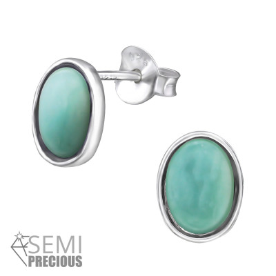 Silver Oval Ear Studs with Semi Precious Natural Stone