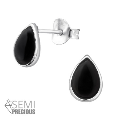 Silver Pear Ear Studs with Semi Precious Natural Stone