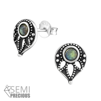 Silver Antique Ear Studs with Semi Precious Natural Stone