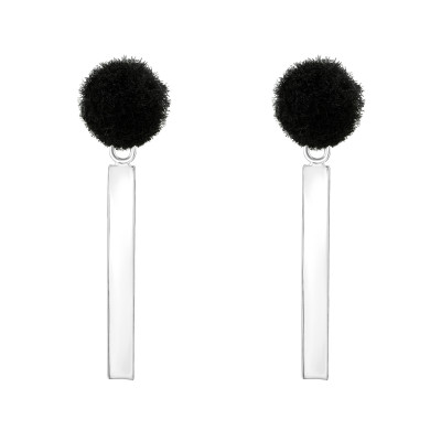 Silver Pom-Pom Ear Studs with Hanging Bar