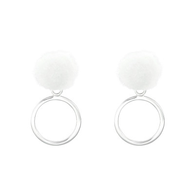 Silver Pom-Pom with Hanging Circle Ear Studs