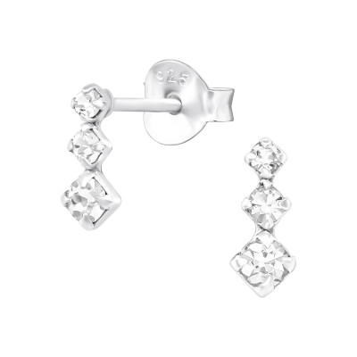 Silver Square Ear Studs with Crystal
