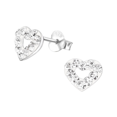 Silver Heart Ear Studs with Crystal