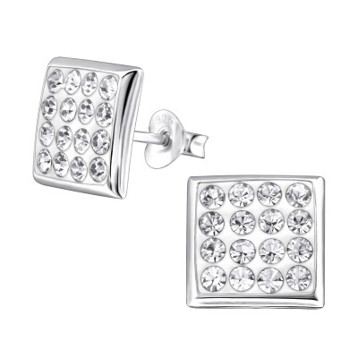 Square Sterling Silver Ear Studs with Crystal