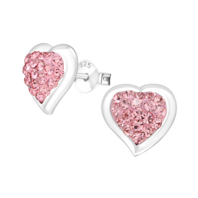 Silver Heart Ear Studs with Crystal