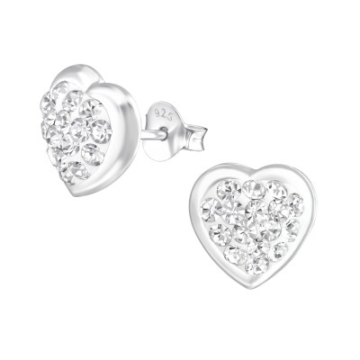 Silver Heart Ear Studs with Crystal