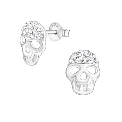 Silver Skull Ear Studs with Crystal